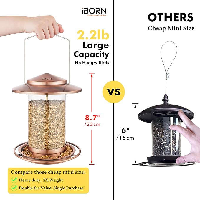 iBorn Bird Feeders for Outdoors Hanging,Metal Bird Feeders for Cardinal Chew Proof 18cm Large Roof&Tray Birdfeeders Outside Hanging,Brushed Copper 6 Port (Seed is not Included)-Ruum Studio Home