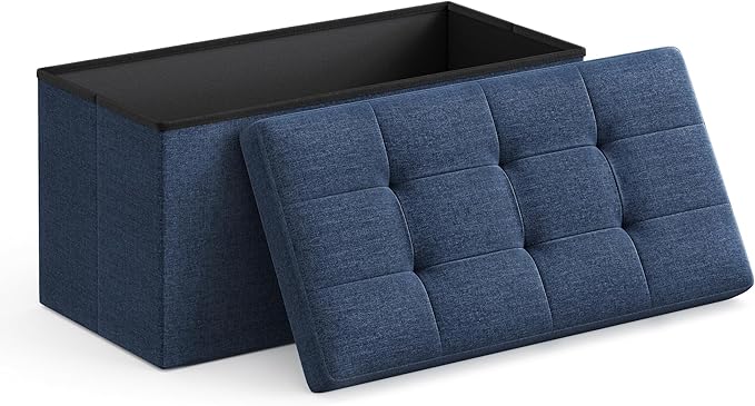 SONGMICS MAZIE Collection - 30 Inches Folding Storage Ottoman Bench, Ottoman Foot Rest, End of Bed Bench, Storage Chest, Load 660 lb, for Living Room, Bedroom, Entryway, Midnight Blue ULSF47IN-Ruum Studio Home