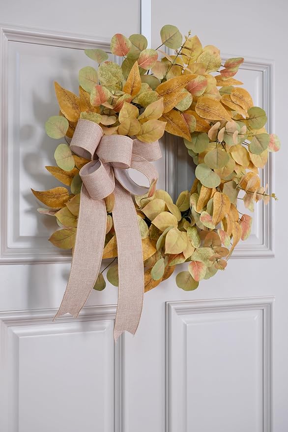 Fall Wreath for Front Door 24 Inch, Autumn Colored Faux Leaves Wreath with Bow, Simple & Minimalist Fall Decoration for Home Farmhouse Door Wall Window Indoor/Outdoor-Ruum Studio Home