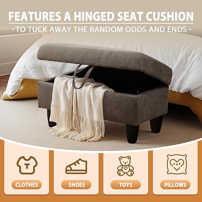 Ottoman Rectangular Storage Ottoman Bench, Flannel Footrest Stool Footstool with Lid for Living Room, Bedroom, Entryway, Dark Gray, 28.5"x19"x17.5"-Ruum Studio Home