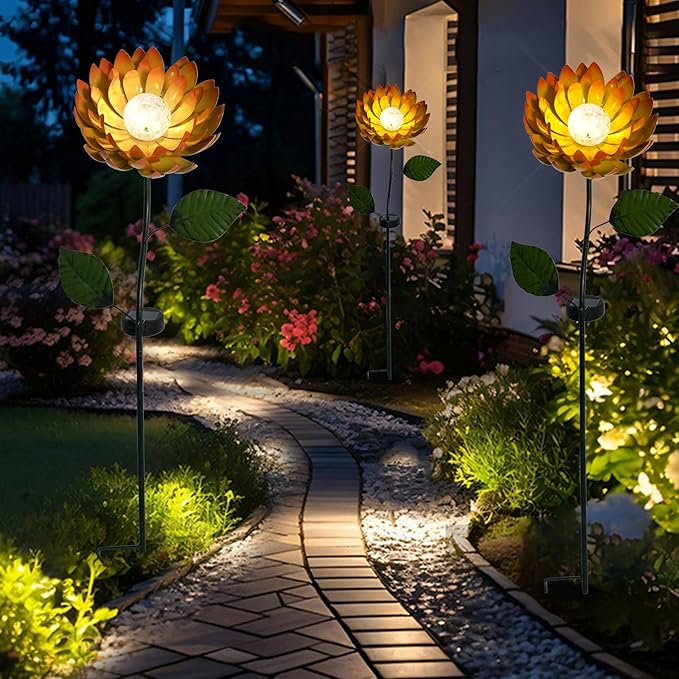 VCUTEKA Solar Garden Lights Metal Flower Decor Colorful Yellow Flowers Solar Pathway Light with LED Cracked Crystal Ball Outdoor Decorative Stake for Patio Yard Lawn-Ruum Studio Home