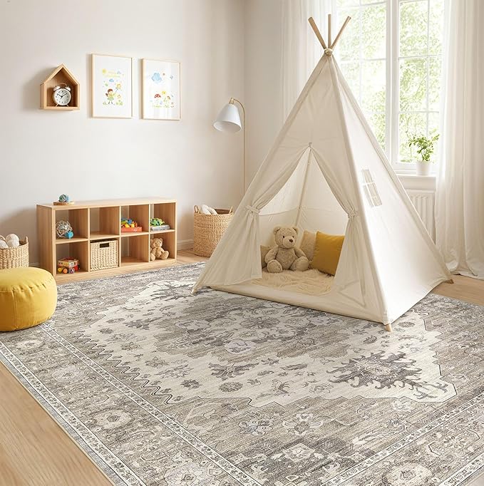 Washable Area Rugs for Living Room -8x11 Neutral Vintage Distressed Floral Farmhouse Boho Large Soft Floor Rug Indoor Non Slip Carpet for Living Room Bedroom Dining Room Office-Brown/Beige-Ruum Studio Home