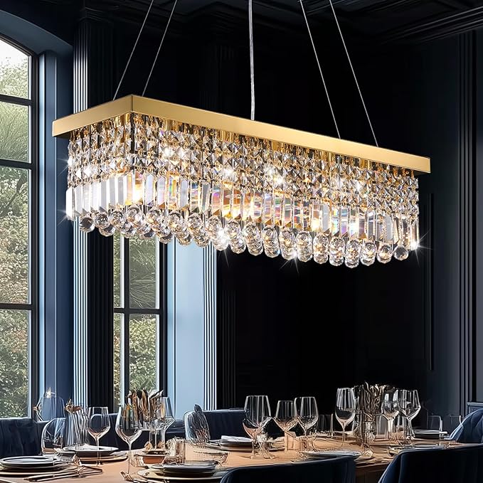 Modern Gold Crystal Chandelier,Rectangular K9 Crystal Raindrop Light Fixture,6 Light Rectangle Chandeliers for Dining Room Living Room Kitchen Island L31.5''xW10''xH10''-Ruum Studio Home