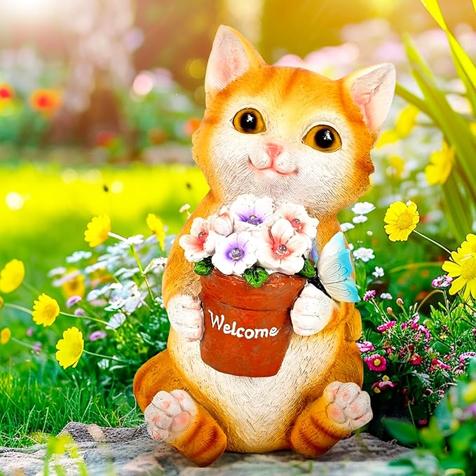 GIGALUMI Solar Garden Decor Flower Pot Cat Statues Outdoor, Birthday Gifts for Women Mom Grandma Senior Elder, Cat Ornament for Balcony, Garden, Patio, Yard, Lawn-Ruum Studio Home