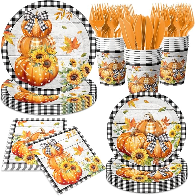 Fall Party Decorations,144Pcs Fall Thanksgiving Tableware Set Includes Plates,Napkins,Knife,Fork Black and White Buffalo Plaid Pumpkin Theme Decorations for Autumn Harvest,Thanksgiving Day-Ruum Studio Home