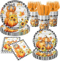 Fall Party Decorations,144Pcs Fall Thanksgiving Tableware Set Includes Plates,Napkins,Knife,Fork Black and White Buffalo Plaid Pumpkin Theme Decorations for Autumn Harvest,Thanksgiving Day-Ruum Studio Home