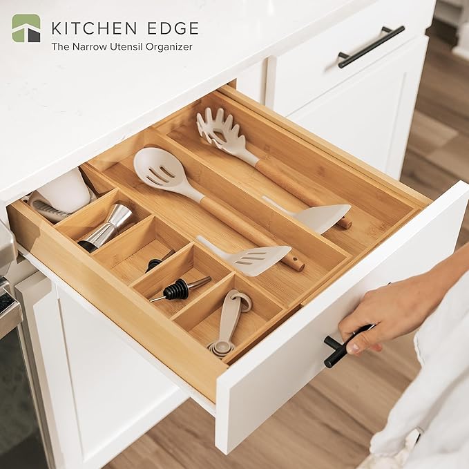 Adjustable Kitchen Drawer Organizer for Utensils and Junk, Food-Safe Contract Grade with 100% Sustainable Wood, Expandable from 10.5 to 19 Inches Wide - Natural Bamboo-Ruum Studio Home
