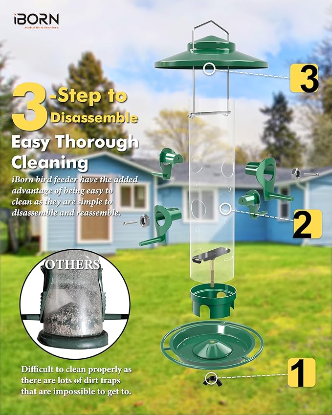 iBorn Bird Feeders for Outdoors, 2LB Metal Bird Feeders 17cm Large Roof &Tray, 4 Feeding Ports, Green Finish-Ruum Studio Home