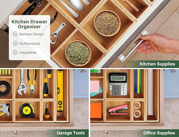 Kootek Bamboo Drawer Organizer with Removable Dividers, 6 Pcs Adjustable Kitchen Drawer Organizer Utensils Bamboo Organizers Silverware Storage Box Cutlery Tray Multi-Use for Bathroom, Makeup, Office-Ruum Studio Home