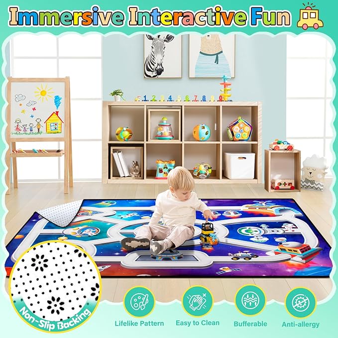 Kids Rug, Space Themed Baby Play Mat, 4x6 Ft Playroom Rug, Colorful Cartoon Outer Space, Planet, Rocket, Spaceship Road Carpet for Playroom, Educational Learning Carpet for Kids Mat-Ruum Studio Home