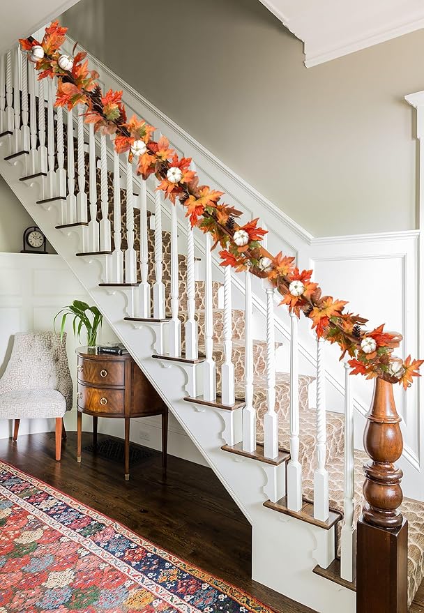 DearHouse 6ft Pumpkin Fall Maple Leaves Garland - Artificial Autumn Foliage Hanging Vine for Thanksgiving, Home, Wedding, Fireplace, Party, Christmas Decor (Orange & Brown)-Ruum Studio Home