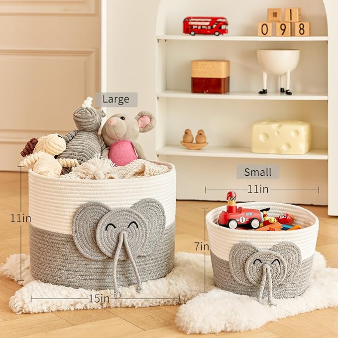 Large Baby Cute Storage Basket for Organizing -Elephant White & Grey 15""x15""x11"", 2024282319065-Ruum Studio Home