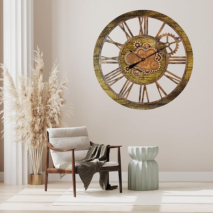 The Gears Clock 36'' Inch Real Moving Gear Wall Clock Vintage Industrial Oversized Rustic Farmhouse (Gold Antique)-Ruum Studio Home