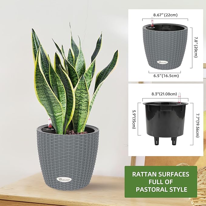 Dexceder 9x8 Inches Rattan Self Watering Planter Indoor Outdoor, Inner Pot Design, Thickened Table Flower Plant Pot with Water Level Indicator (Deep Gray)-Ruum Studio Home