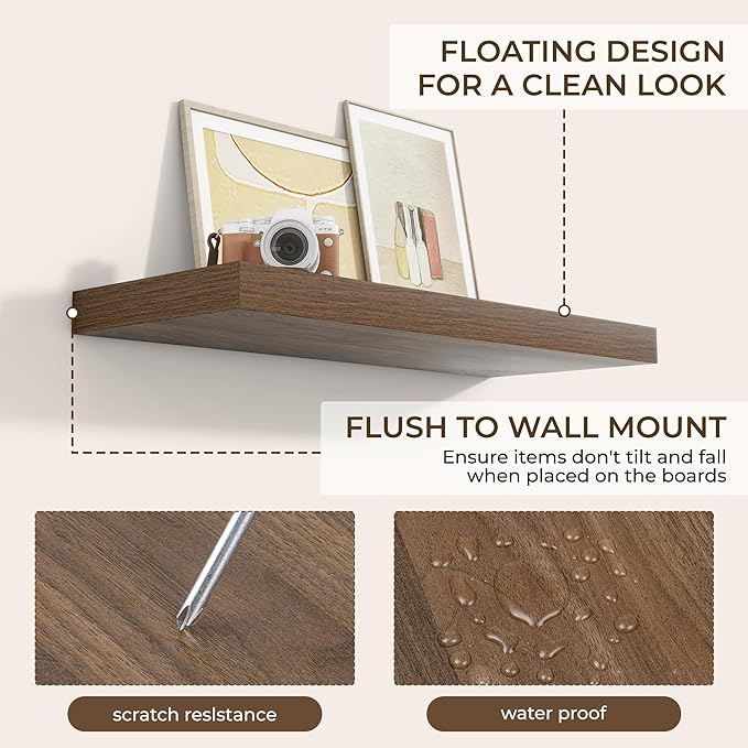RICHFOCUS 36Inch Floating Shelves for Wall 2 Pack Shelves for Bedroom|Kitchen|Bathroom Wall Mounted Rustic Wood Floating Shelf with Invisible Brackets for Books|Storage|Decor, Walnut-Ruum Studio Home