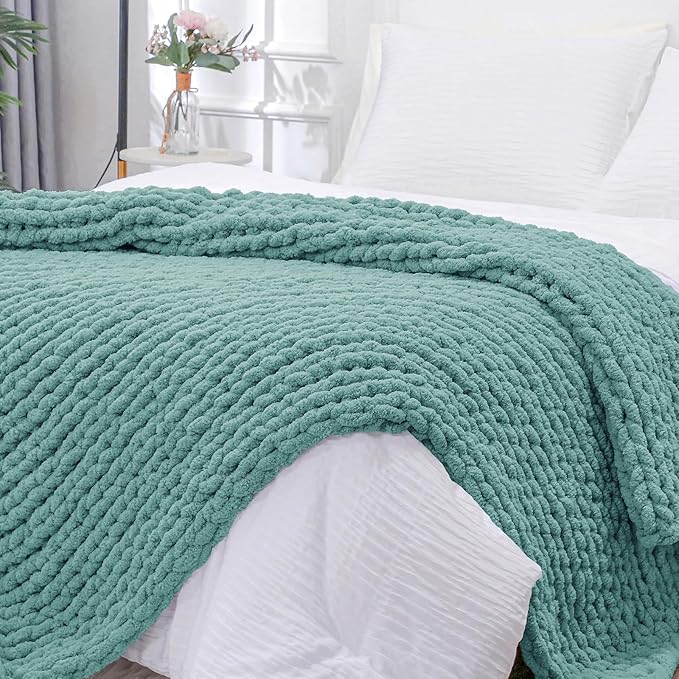 Bigacogo Chunky Knit Throw Blanket for Couch, 51x63 inches, 100% Hand Knitted with Thick Jumbo Chenille Yarn, Cozy Soft Large Rope Knot Cable Crochet Blankets for Sofa Bed Living Room, Light Teal-Ruum Studio Home