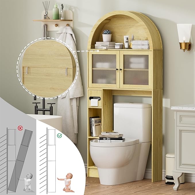 Over The Toilet Storage Cabinet, 31''W Arched Space-Saving Bathroom Organizer with Adjustable Shelf and Acrylic Doors, Freestanding Over Toilet Cabinet for Bathroom, Laundry, Restroom (Oak Wood)-Ruum Studio Home