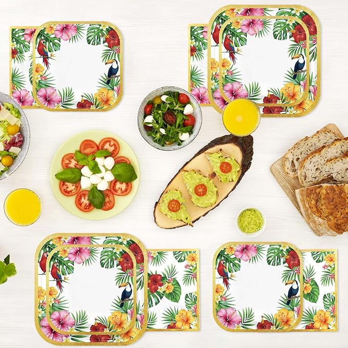 Grencian 200Pcs Hawaiian Luau Party Decorations Aloha Tropical Hibiscus Floral Luau Plates and Napkins Palm Leaf Tableware Sets for Summer Holiday Hawaiian Birthday Dinner Party Supplies Serves 50-Ruum Studio Home