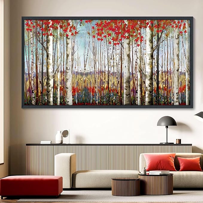 Large Framed Wall Art for Living Room Bedroom Modern Wall Decor of Red Leaves White Birch Tree Forest Giclee Painting Artwork Wall Decoration 29x58 Large Size Black Framed-Ruum Studio Home