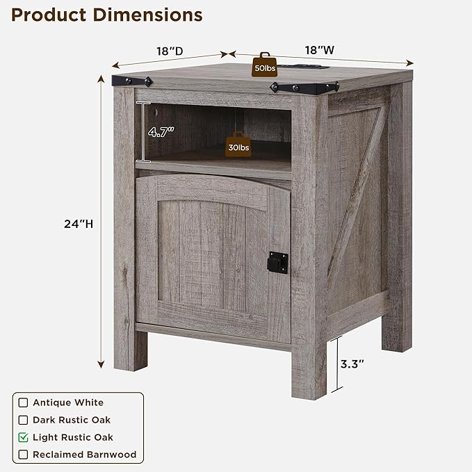 OKD Farmhouse End Table with Charging Station, 18" Rustic Nightstand with Adjustable Storage Shelf, Wood Rustic Wood Sofa Side Table for Bedroom-Ruum Studio Home