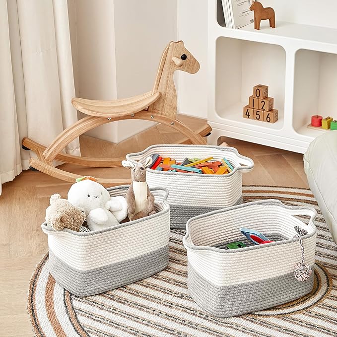 Cotton Rope Storage Basket Set of 3 (15"x10.2"x9.1") - Rectangle Storage Bins - Versatile Toy Storage Organizer - Perfect for Kids, Dog Toys, Books, Shelves - White & Grey-Ruum Studio Home