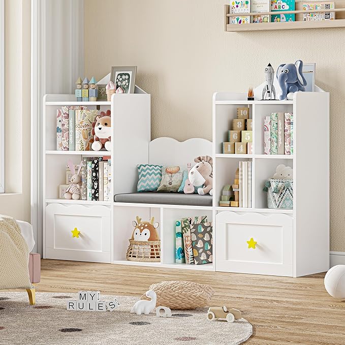 Kids Bookshelf with Reading Nook, Kids Bookcase with Soft Cushion Seat, 2 Wheels Drawers and 8 Storage Cubbies, Toy Storage Organizer for Kid's Room Playroom, Bedroom, School, White-Ruum Studio Home