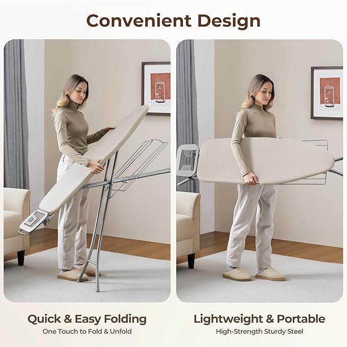 Yaheetech Ironing Board, Compact Iron Board with Cord Holder, Steam Iron Rest and Bottom Storage Tray, 9 Adjustable Heights & 3 Layer Cover, Folding Heavy Duty Ironing Board 52X14, Beige-Ruum Studio Home