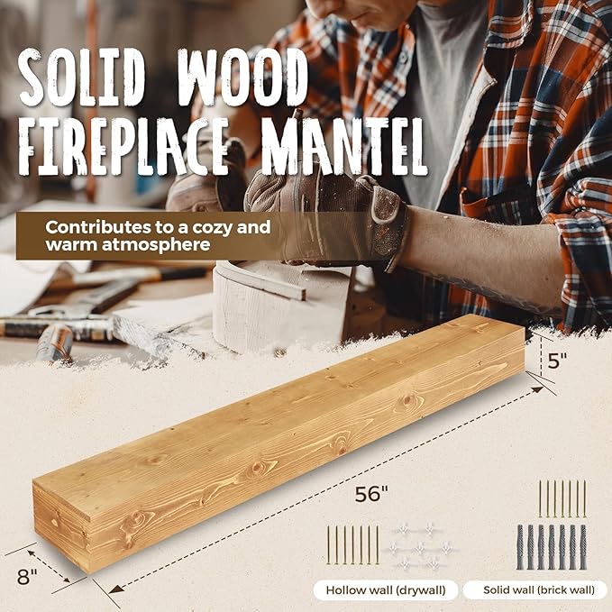 56x8x5 Fireplace Mantel - Handcrafted Rustic Solid Wood Wall Mounted Floating Shelf-Ruum Studio Home