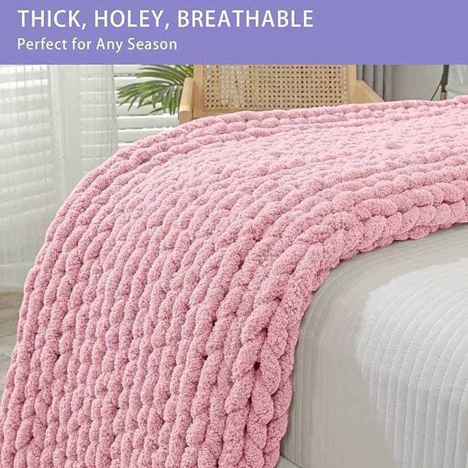 Bigacogo Chunky Knit Throw Blanket for Couch, 40x80 inches, 100% Hand Knitted with Thick Jumbo Chenille Yarn, Cozy Soft Large Rope Knot Cable Crochet Blankets for Sofa Bed Living Room, Blush Pink-Ruum Studio Home