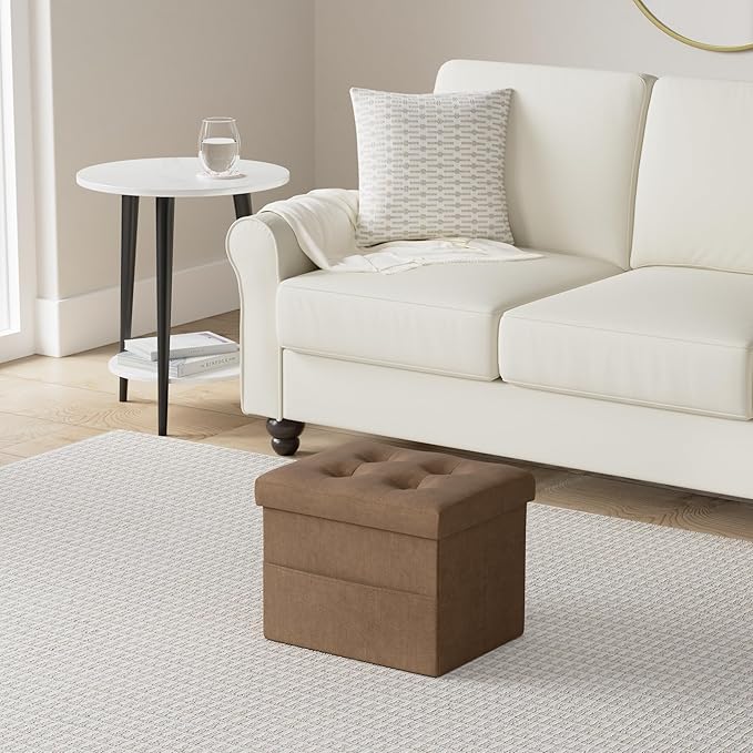 LINMAGCO Storage Ottoman Folding Foot Stool Foot Rest with Side Pocket Modern Ottoman with Storage Short Sofa Stool Linen Cloth 17x13x13(Brown)-Ruum Studio Home