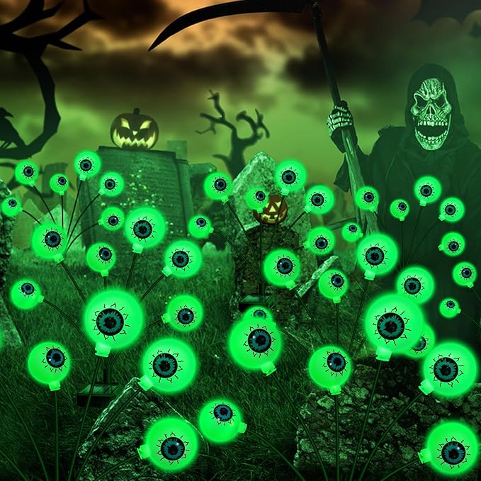 Solar Halloween Decorations, 4 Pack 24 LED Spooky Eyeball Lights, Outdoor Waterproof Solar Green Firefly Lights for Garden Yard Patio Pathway Lawn Halloween Party-Ruum Studio Home