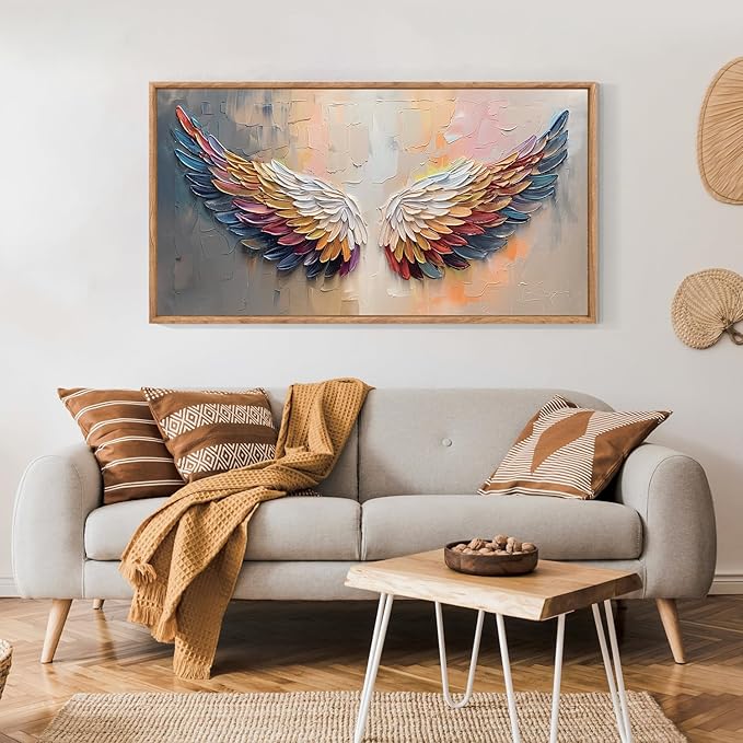 Aurlan Angel Wings Hand Painted Framed Wall Decor(40"x20"), Large Abstract Colorful Feather 3D Textured Oil Painting Canvas Artwork, Modern Contemporary Inspirational Wall Art for Living Room Bedroom-Ruum Studio Home