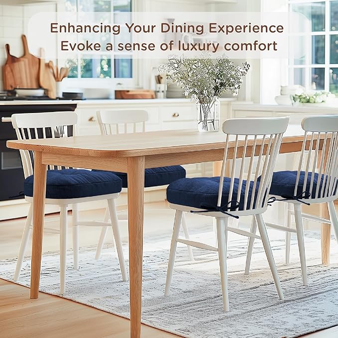 Codi Thick Kitchen Chair Cushions, Chair Pads for Indoor Dining Room 4 Pack - Washable, Non-Slip 3-Layer Seat Cushion with Ties, 16.5"x16.5"x 3.5", Set of 4, Navy-Ruum Studio Home