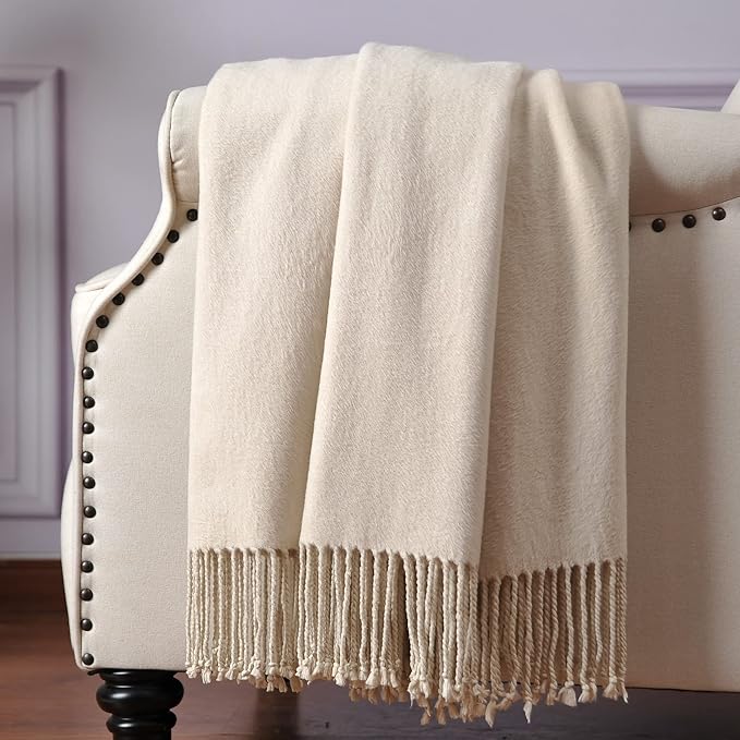 CUDDLE DREAMS Silk Throw Blanket with Hand-Knotted Fringe, Natural, Soft & Breathable (Ivory)-Ruum Studio Home
