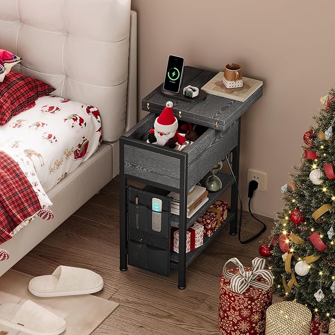 End Table with Charging Station, Flip Top Nightstand with USB Ports and Outlets,Couch Side Table with Fabric Bag and Hooks, Bedside Table for Space Saving, Living Room, Bedroom (Grey)-Ruum Studio Home
