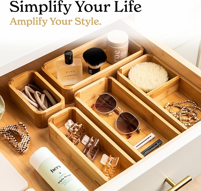 SMIRLY 5-Piece Bamboo Kitchen Drawer Organizer Set for Large and Small Utensils, Multi-use Storage Box - Bathroom, Nightstand, Jewelry, Cutlery, Knife, Spice, Towel, Junk Drawer Tray-Ruum Studio Home