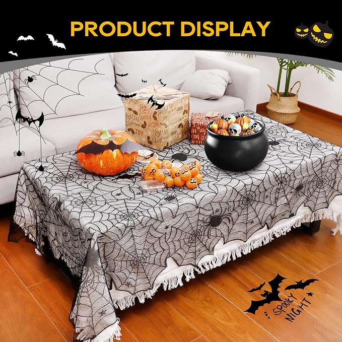 eZAKKA Halloween Table Cloth, 54" x 72" Spider Webs Tablecloths Black Tablecloth Lace Fabric Table Cloths Spooky Cover-Ruum Studio Home