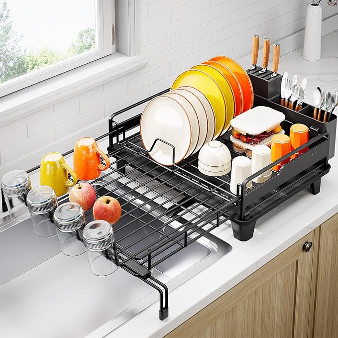 Extendable Dish Drying Rack, Multifunction Dish Rack for Kitchen Counter, Expandable Dish Drainer Over Sink, Large Dish Strainer with Cups Holder, 1 Tier Black-Ruum Studio Home