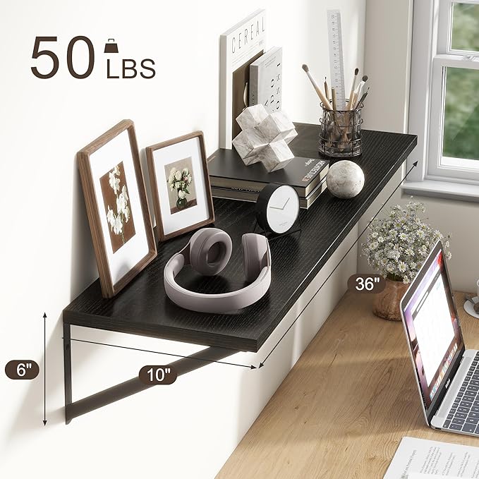 36"W x 10"D Floating Shelves, 10 Inch Deep Black Floating Shelves, Farmhouse Rustic Deep Wall Shelves for Home Decor, Wide Large Floating Shelf for Bathroom, Living Room, Kitchen, Study Room-Ruum Studio Home