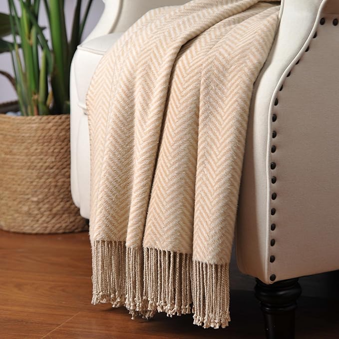 CUDDLE DREAMS Silk Throw Blanket with Hand-Knotted Fringe, Natural, Soft & Breathable (Herringbone-Taupe)-Ruum Studio Home