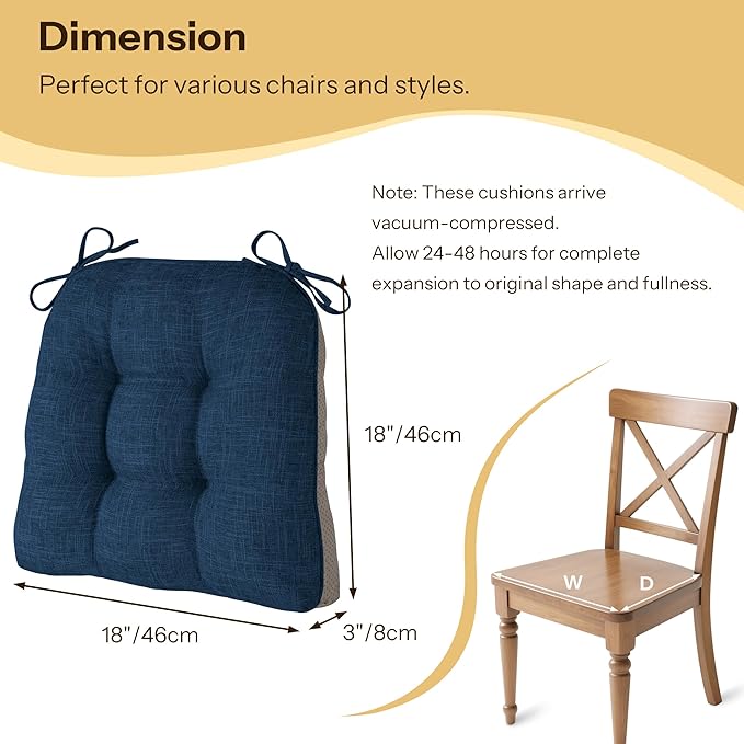 Non Slip Chair Cushions for Dining Chairs Set of 4 Kitchen Chair Cushions 18"x18"x3" Turfted Chair Pads Comfortable and Soft Seat Cushion with Ties, Navy-Ruum Studio Home