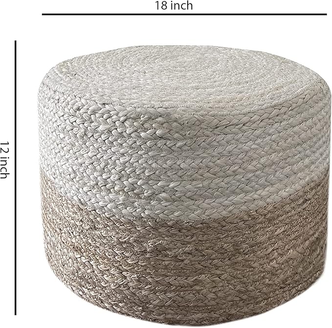 Jute Pouf Ottoman | Footrest Pouf | Hand Braided - Round Boho Pouffe - for Living Room, Bedroom, Nursery (18"x18"x12") Ivory-Ruum Studio Home