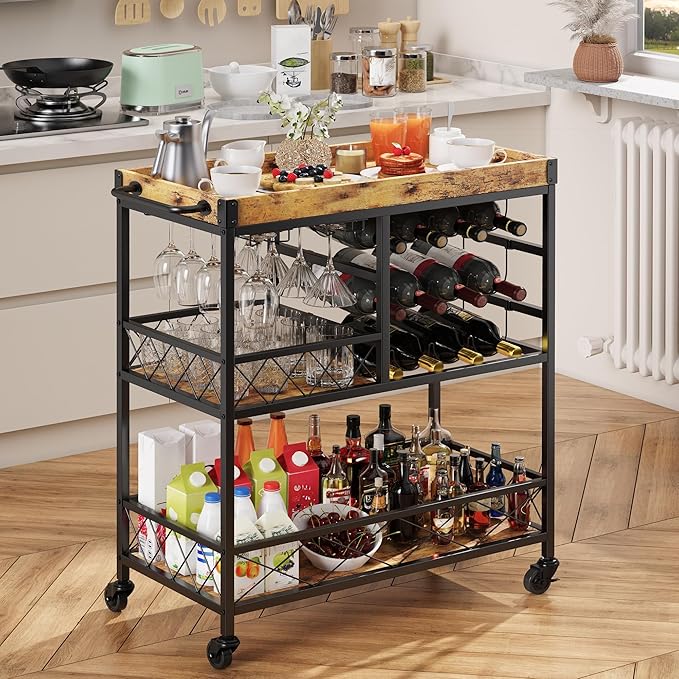 Gizoon Bar Cart, 3 Tier Coffee Cart with Lockable Wheels, 12-Bottle Wine Rack, and Hanging Glass Holder, Kitchen Rack with Removable Tray, for Kitchen, Dining Room, Entertaining, Club Party,Retro-Ruum Studio Home