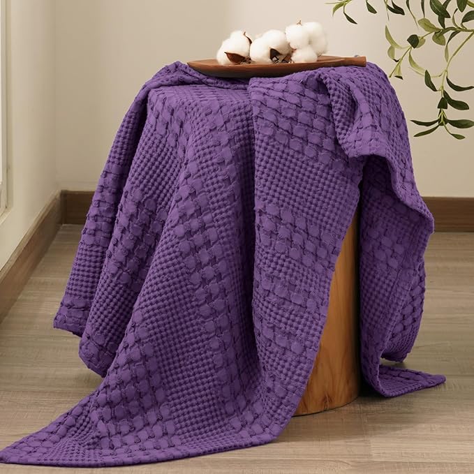 PHF 100% Cotton Waffle Weave Throw Blanket, Soft Lightweight Breathable Cozy Summer Throws for Couch Bed Sofa, Luxury Aesthetic Woven Blanket for Home Decor & Office, 50"x60", Grape-Ruum Studio Home