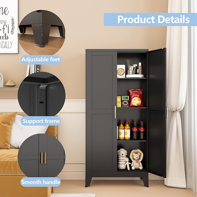 Black Metal Storage Cabinet, 48" Steel Cabinets for Home Office, Kitchen Pantry Storage Cabinet with Doors and 3 Adjustable Shelves, for Office, Home, Garage, School-Ruum Studio Home