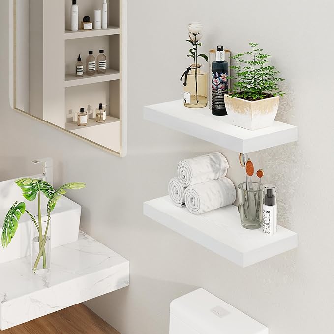 Fun Memories White Floating Shelves, 8 Inch Deep Wall Shelves Set of 2, Rustic Deep Shelves for Wall Storage, 24 x 8 Floating Shelves, 8" Deep White Shelves for Bedroom, Living Room, Kitchen-Ruum Studio Home