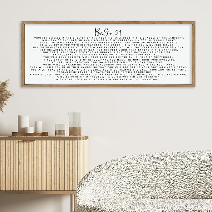 LuZhiQiang Psalm 91 Wall Decor Art 40"×15" Bible Verse Sign for Family Bedroom Christian Large Wood Framed Wall Hanging (Wood)-Ruum Studio Home