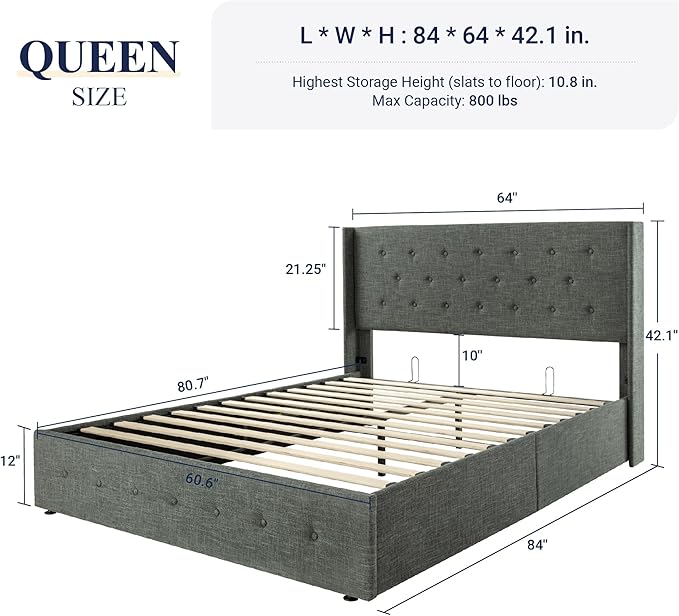 Allewie Queen Size Lift Up Storage Bed, Button Tufted Headboard with Wingback, Hydraulic Support, No Box Spring Needed, Dark Grey-Ruum Studio Home
