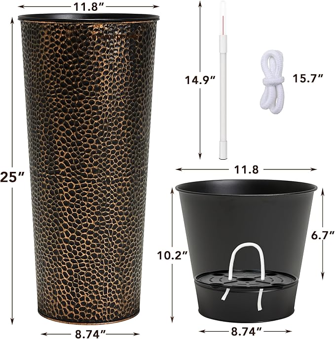 KOL 25" H. Metal Hand-Hammered Planters with Inner Pots 2-Pack, Bronze Decor Planter for Deck, Patio, Porch - Galvanized Steel Handcrafted Flower Pot - w/Water Level Indicator - Indoor Outdoor Use-Ruum Studio Home