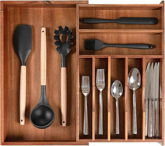 Premium Silverware, Flatware and Utensil Organizer for Kitchen Drawers, Food-Safe Contract Grade, Expandable from 10.5 to 19 In, Natural Acacia-Ruum Studio Home